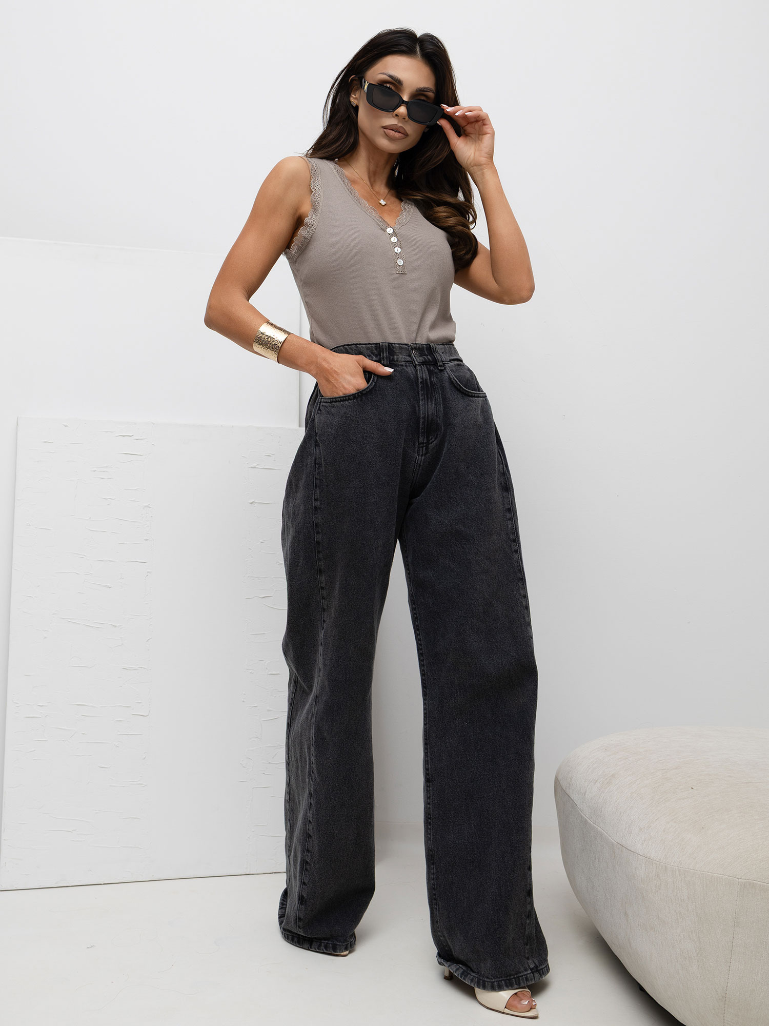 Fango prążkowany top z koronką RUE PARIS