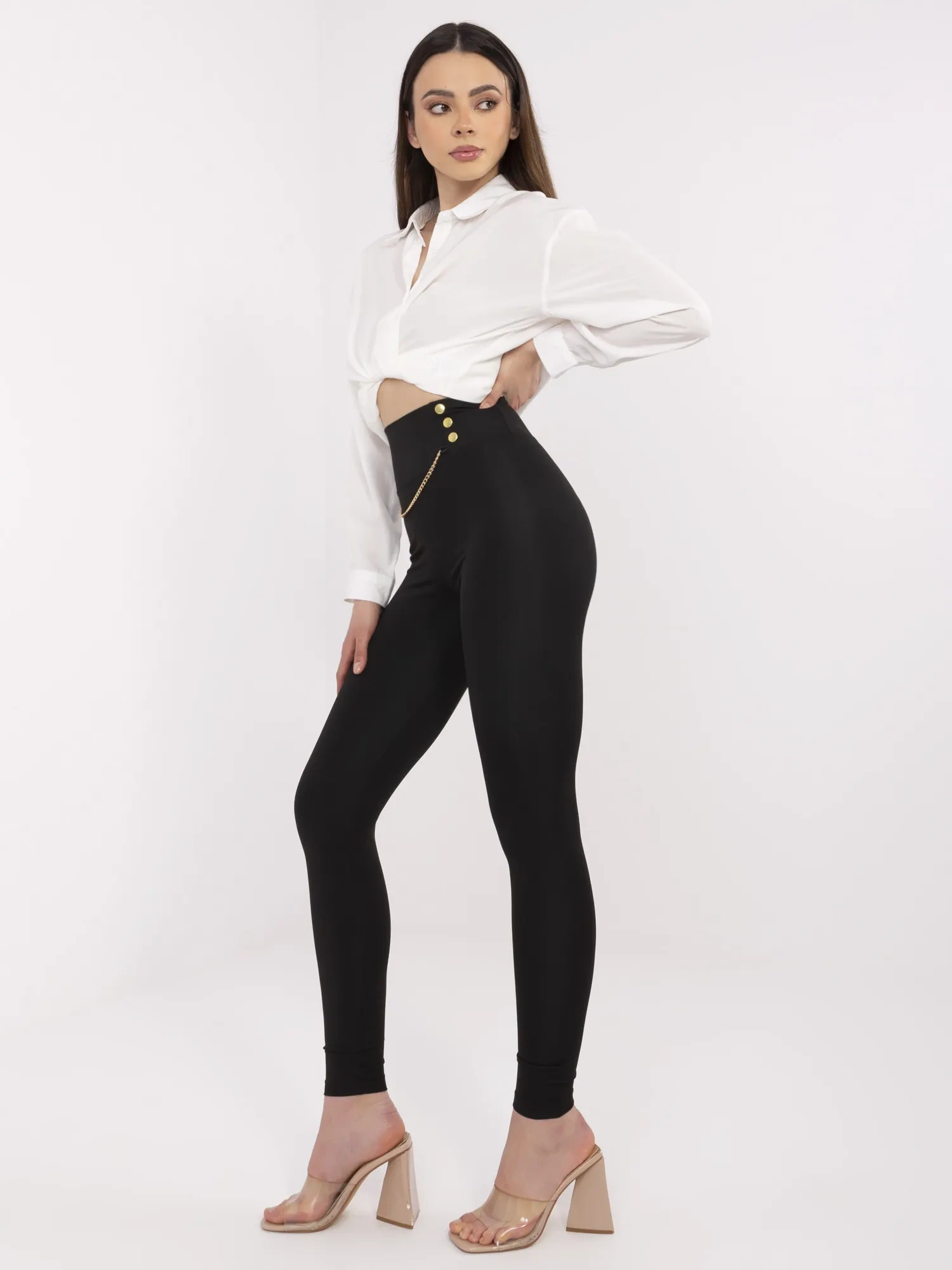Black women's leggings with a chain.