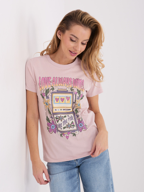 Jasnoróżowy bawełniany t-shirt z napisami