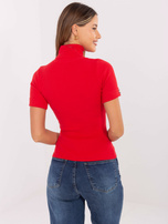 Red fitted ribbed sweater.
