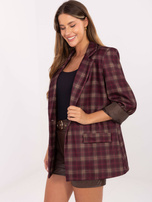 Bordowo-beżowa długa marynarka w kratę