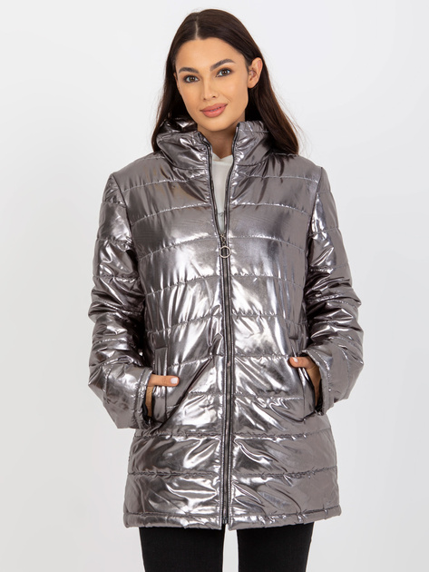 Hurtownia Srebrna damska kurtka pikowana z kieszeniami