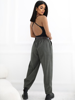 RUE PARIS Khaki corduroy carrot pants with a belt.