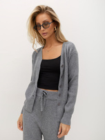Gray knit set with wide pants.
