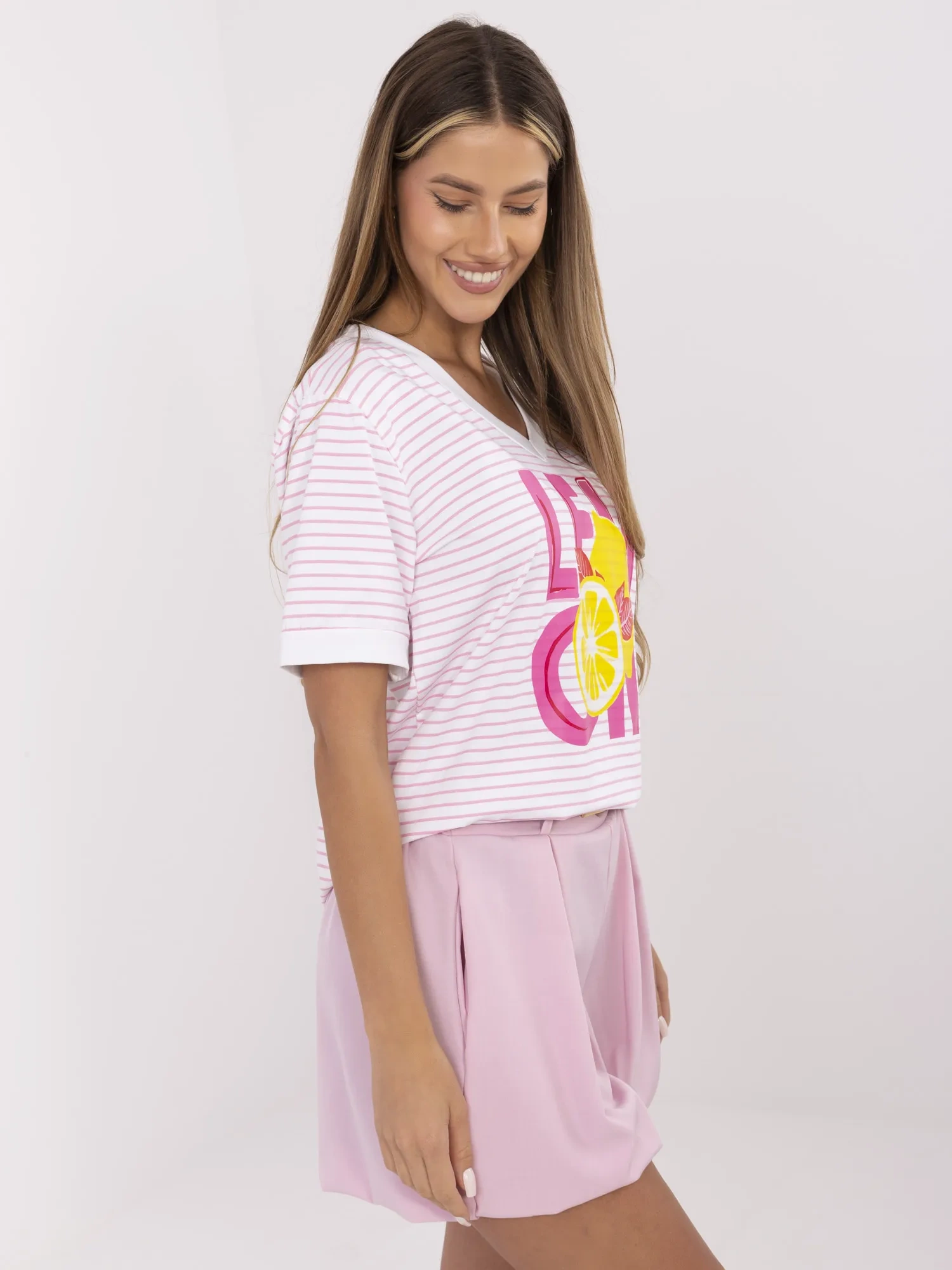 Pink and white blouse with lemon print.