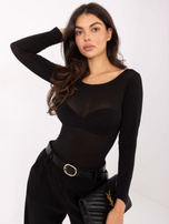 Black fitted blouse with a boat neckline.