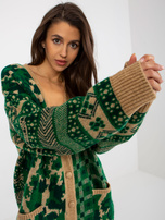 Hurt Zielono-camelowy ciepły sweter rozpinany oversize