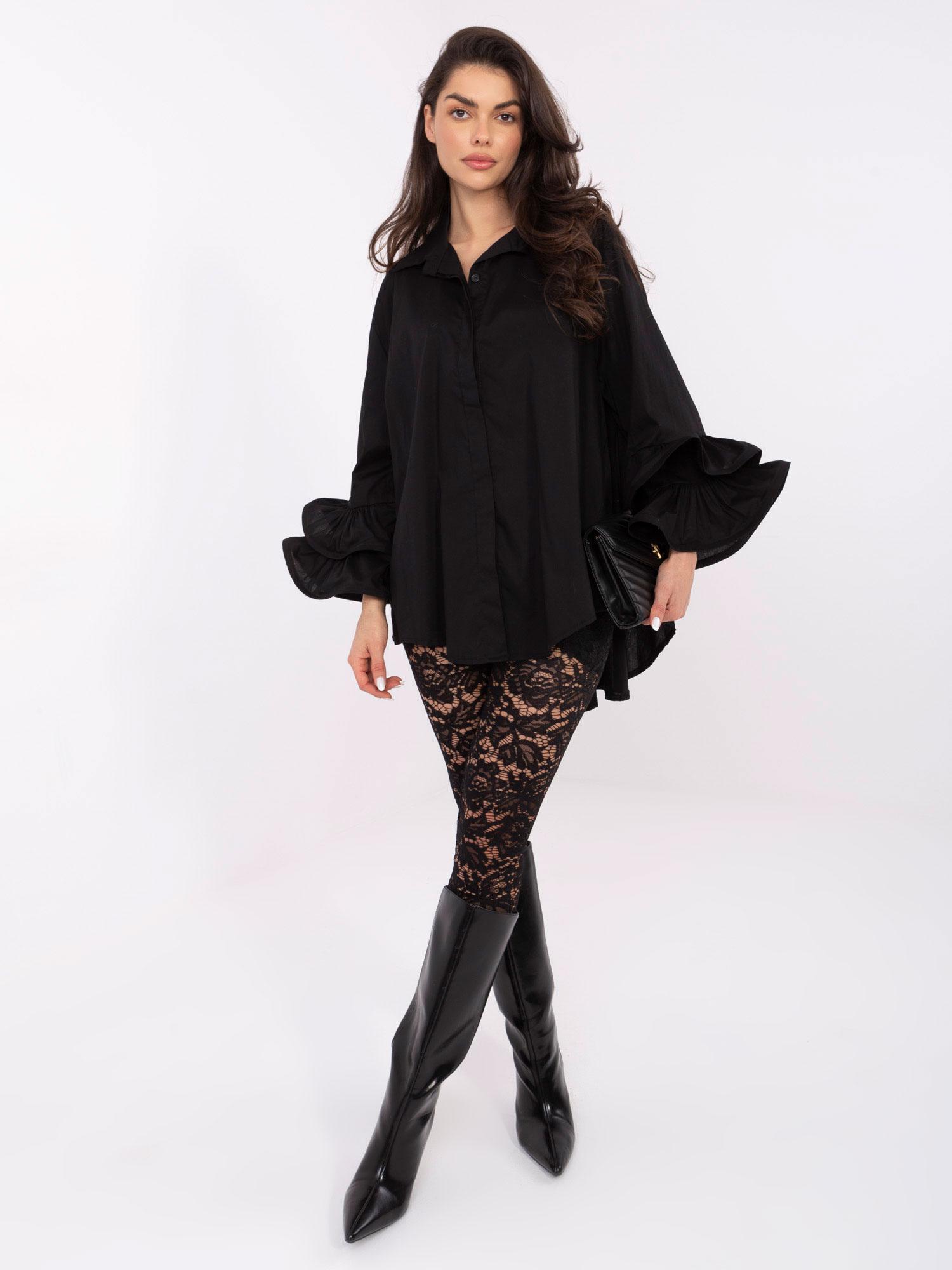 Black long shirt with flared sleeves.