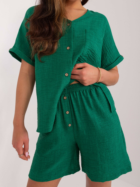 Hurtownia Ciemnozielony damski komplet letni z bluzką z rozcięciami