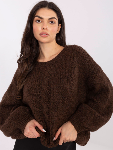 Ciemnobrązowy sweter oversize z bufiastym rękawem