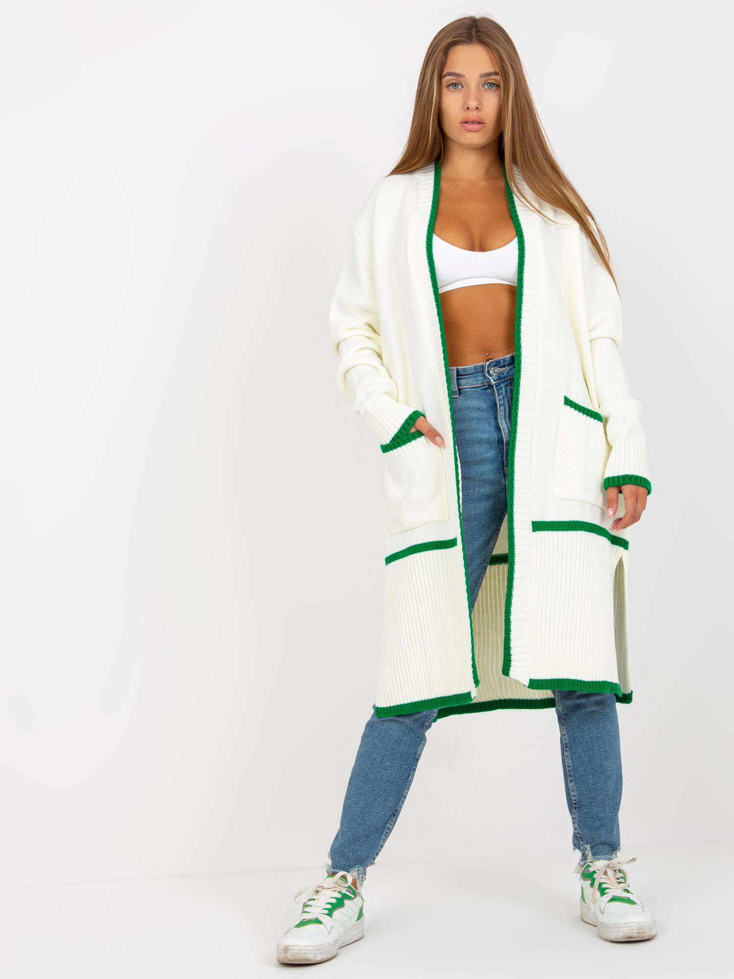 Ecru-zielony kardigan oversize z kieszeniami RUE PARIS