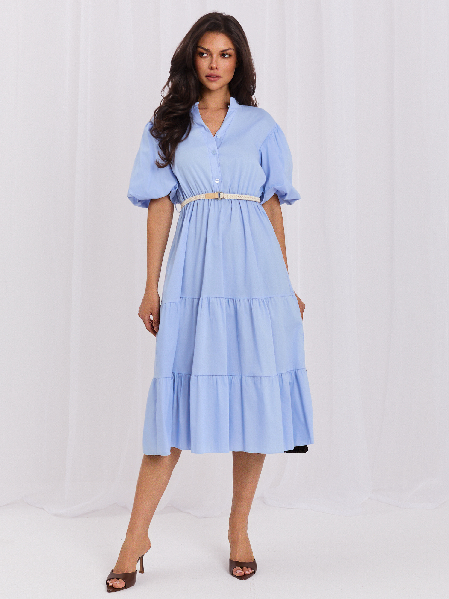 Light blue midi dress with puff sleeves.