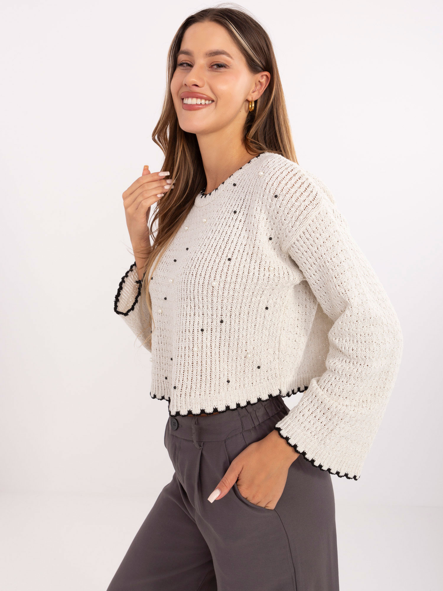 Ecru Damenpullover mit weiten Ärmeln RUE PARIS.
