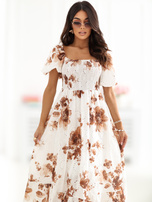 Brązowa rozkloszowana sukienka w kwiaty