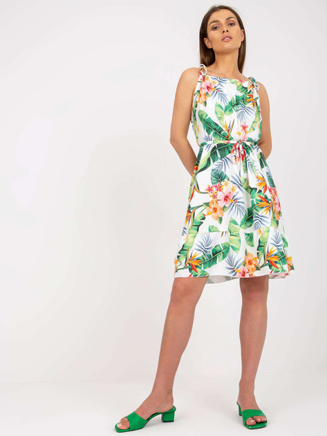 Biała sukienka z falbaną i letnim nadrukiem RUE PARIS