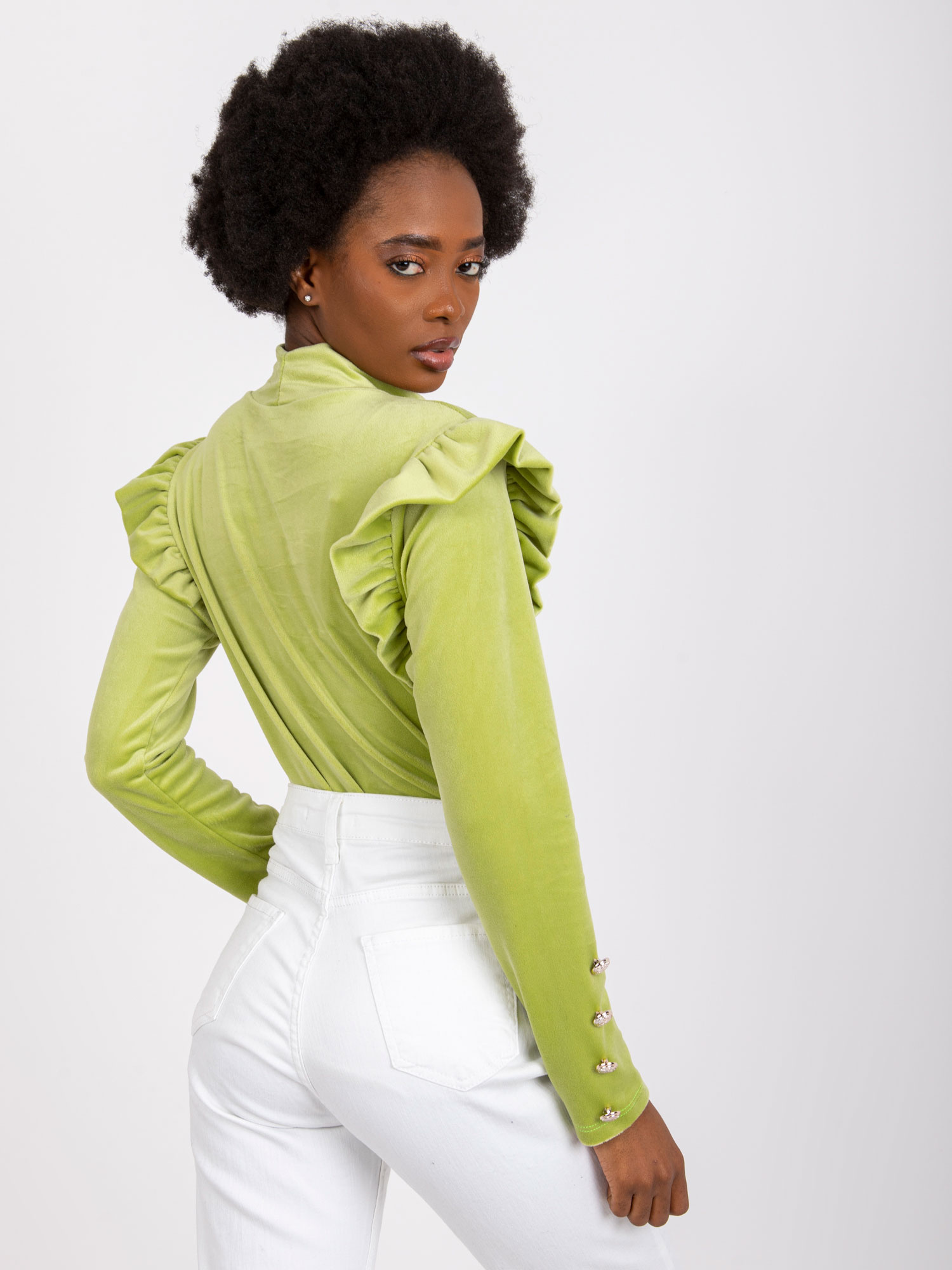 Lime velour blouse with frills on the shoulders of Capri