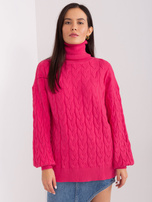 Hurt Fuksjowy damski sweter z golfem i ściągaczami