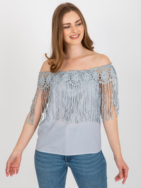 Hurt Szara damska bluzka hiszpanka z frędzlami