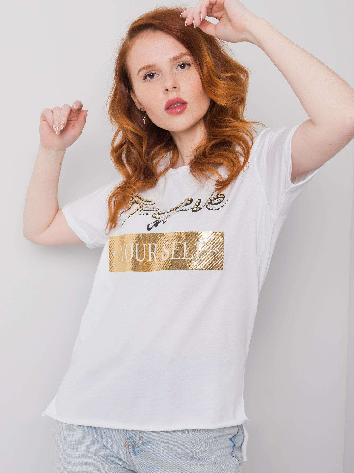 Biały t-shirt damski z aplikacją Evelyn