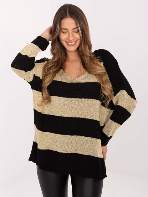Czarno-złoty damski sweter oversize w paski