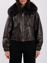Chocolate aviator jacket made of faux leather with detachable fur.