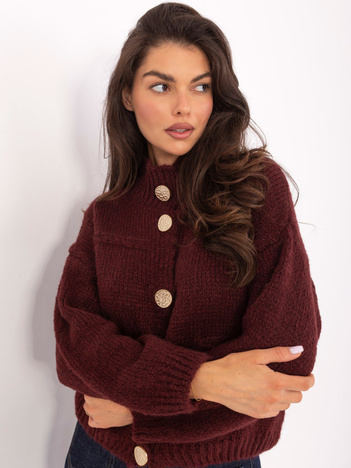 Burgundowy rozpinany sweter z kieszeniami