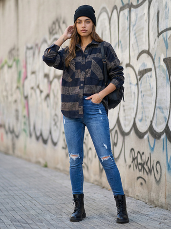 Hurt Granatowo-ciemnoszara wierzchnia koszula w kratę z kieszeniami