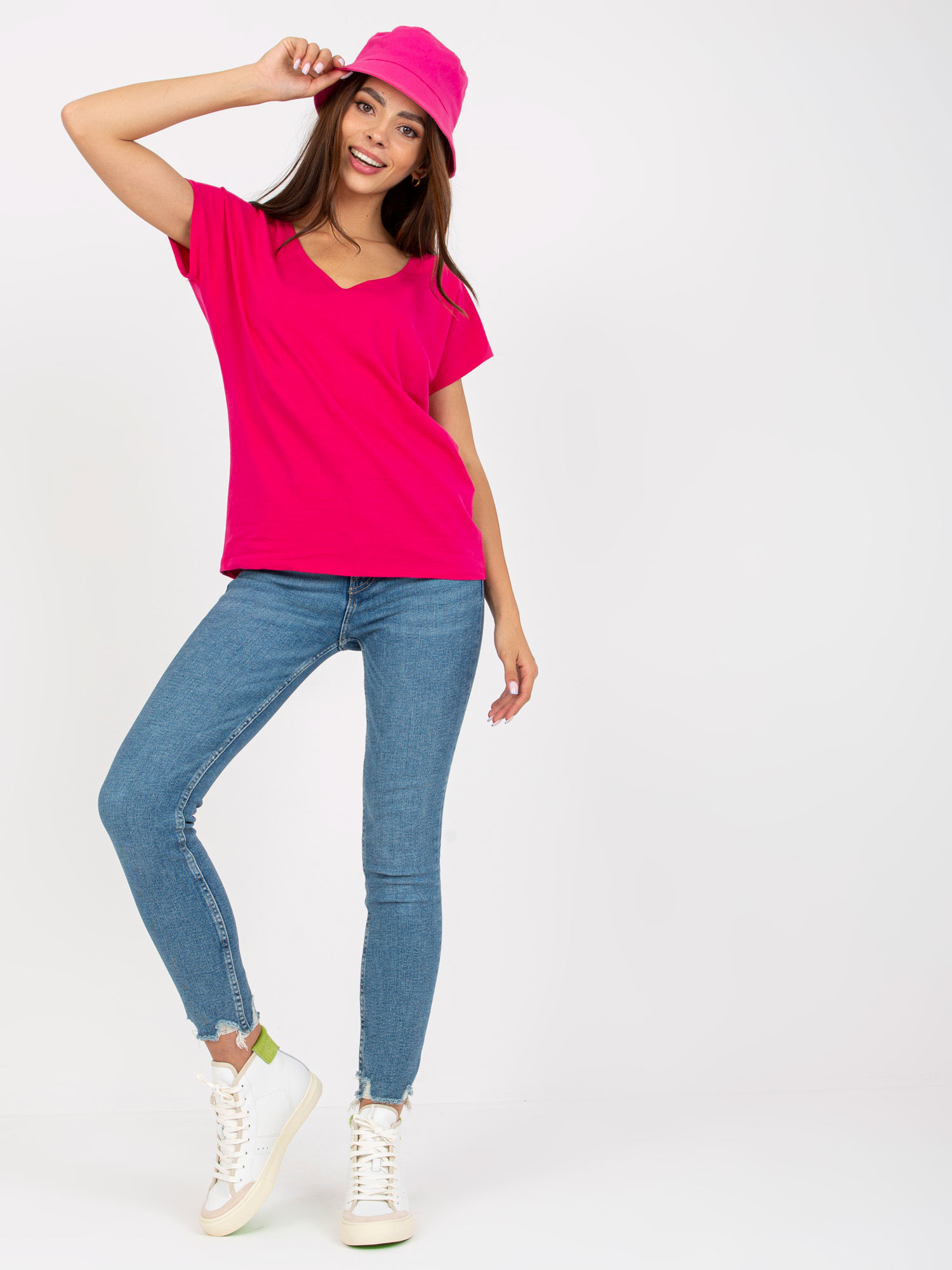 Fuksjowy damski t-shirt basic z bawełny