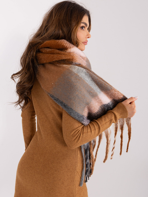 Hurt Brązowo-szary damski szal w kratę