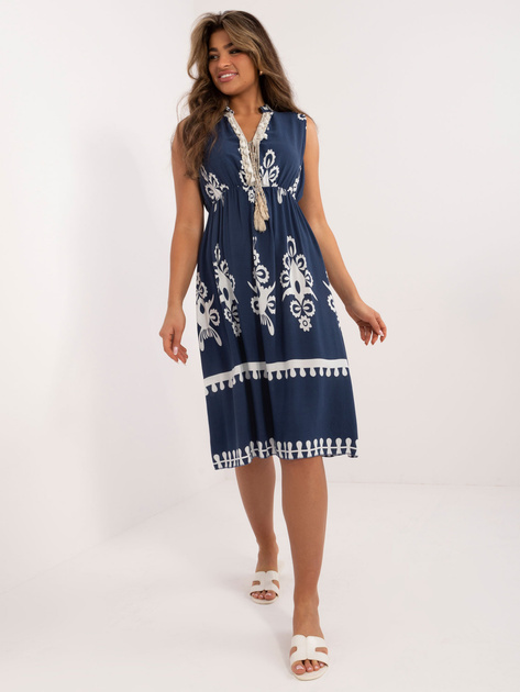 Hurt Granatowa boho sukienka z frędzlami przy dekolcie