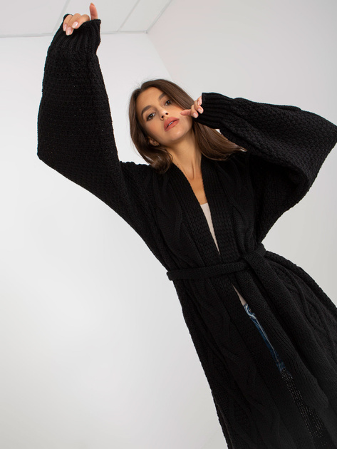 Hurt Czarny długi kardigan z paskiem wiązanym RUE PARIS