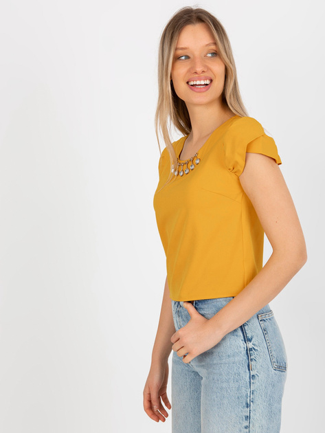 Hurt Ciemnożółta bluzka wizytowa z aplikacją i krótkim rękawem