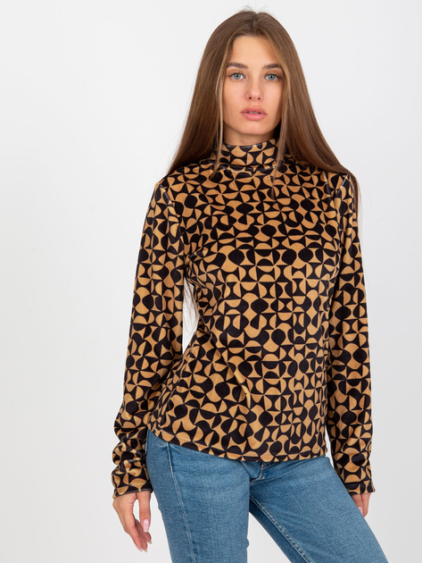 Hurt Camelowo-czarna welurowa bluzka z nadrukiem RUE PARIS