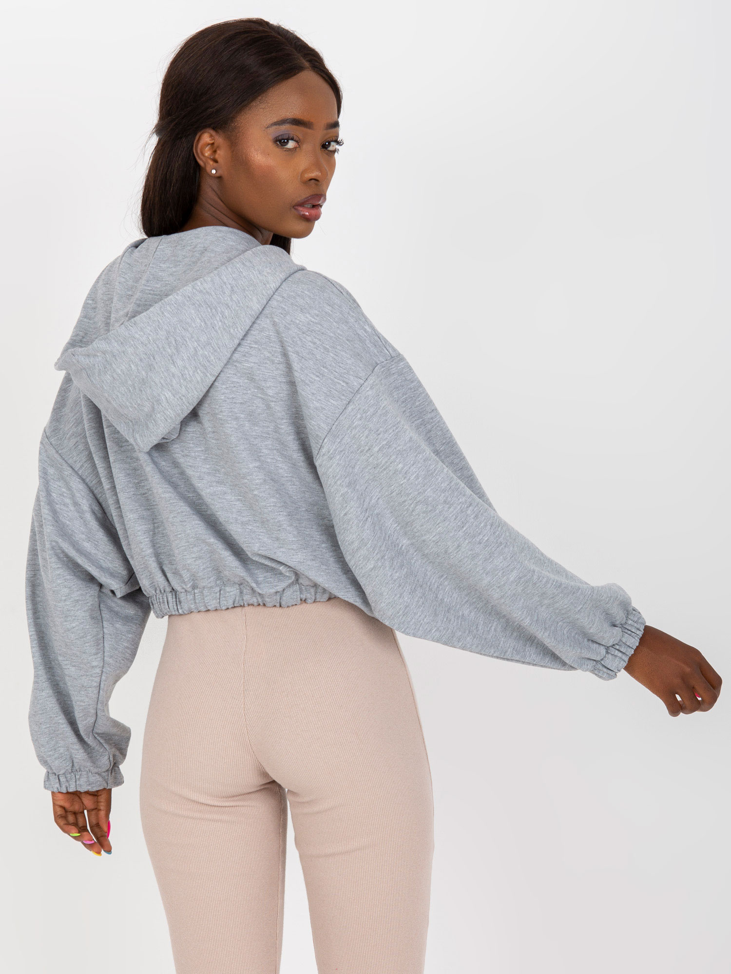 Szara melanżowa krotka bluza basic ze ściągaczem RUE PARIS
