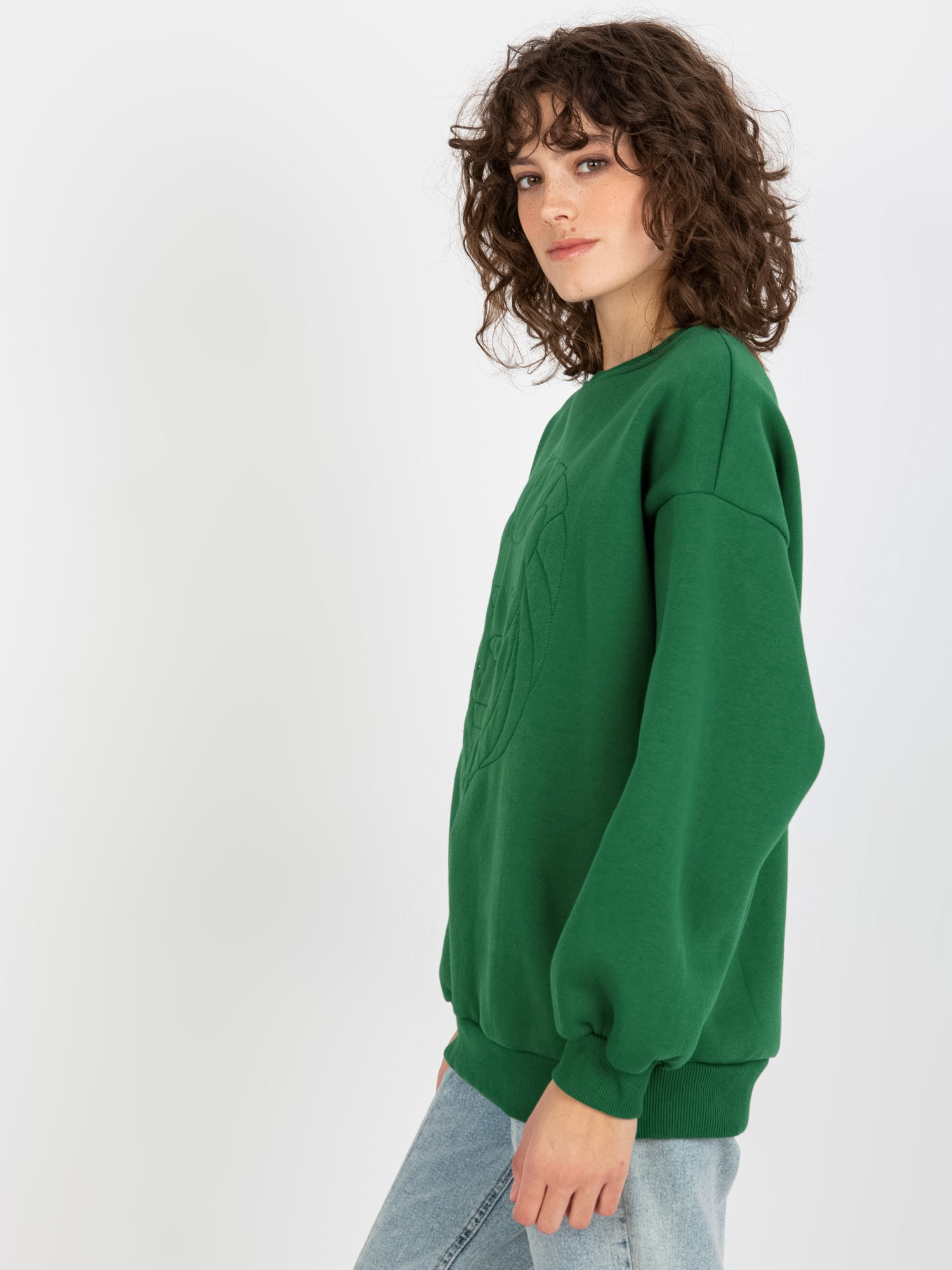 Hurt Ciemnozielona dresowa bluza bez kaptura z haftem