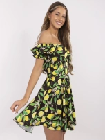 Black-yellow flared off-the-shoulder dress.