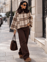 Dark beige checkered poncho coat.