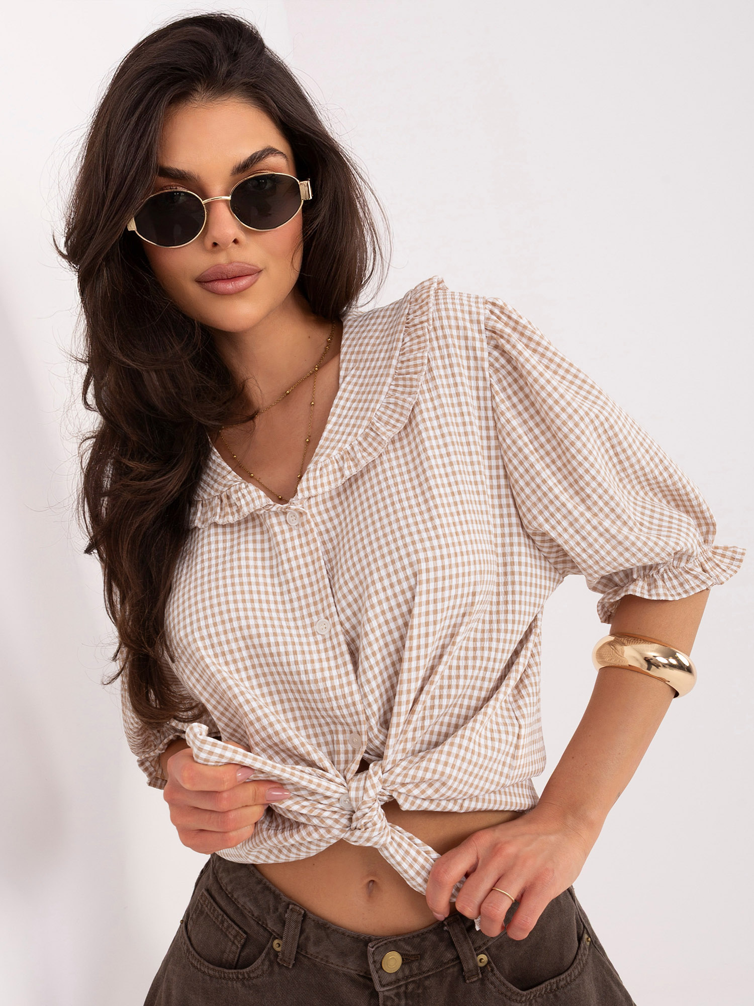 Ciemnobeżowa letnia koszula w kratkę 