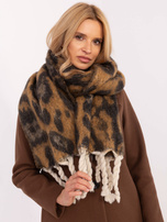 Hurt Camelowo-czarny długi szal damski z frędzlami