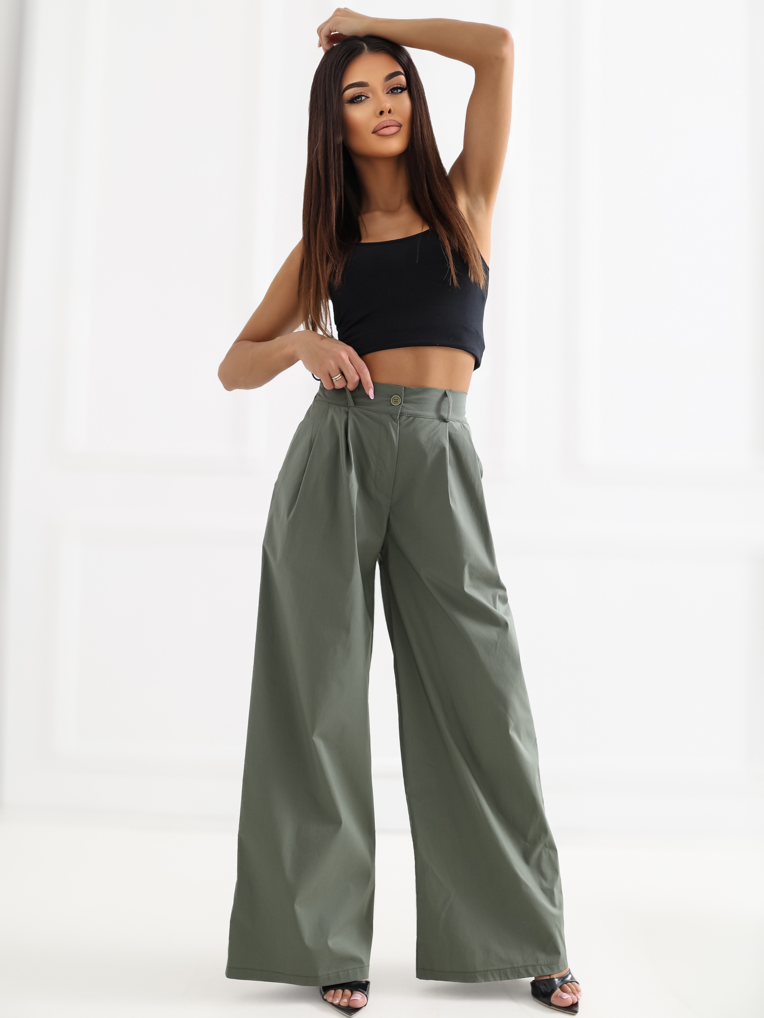Khaki damskie spodnie palazzo z zakładkami RUE PARIS