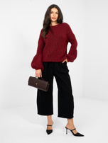 Burgundy oversized sweater in wide stripes.