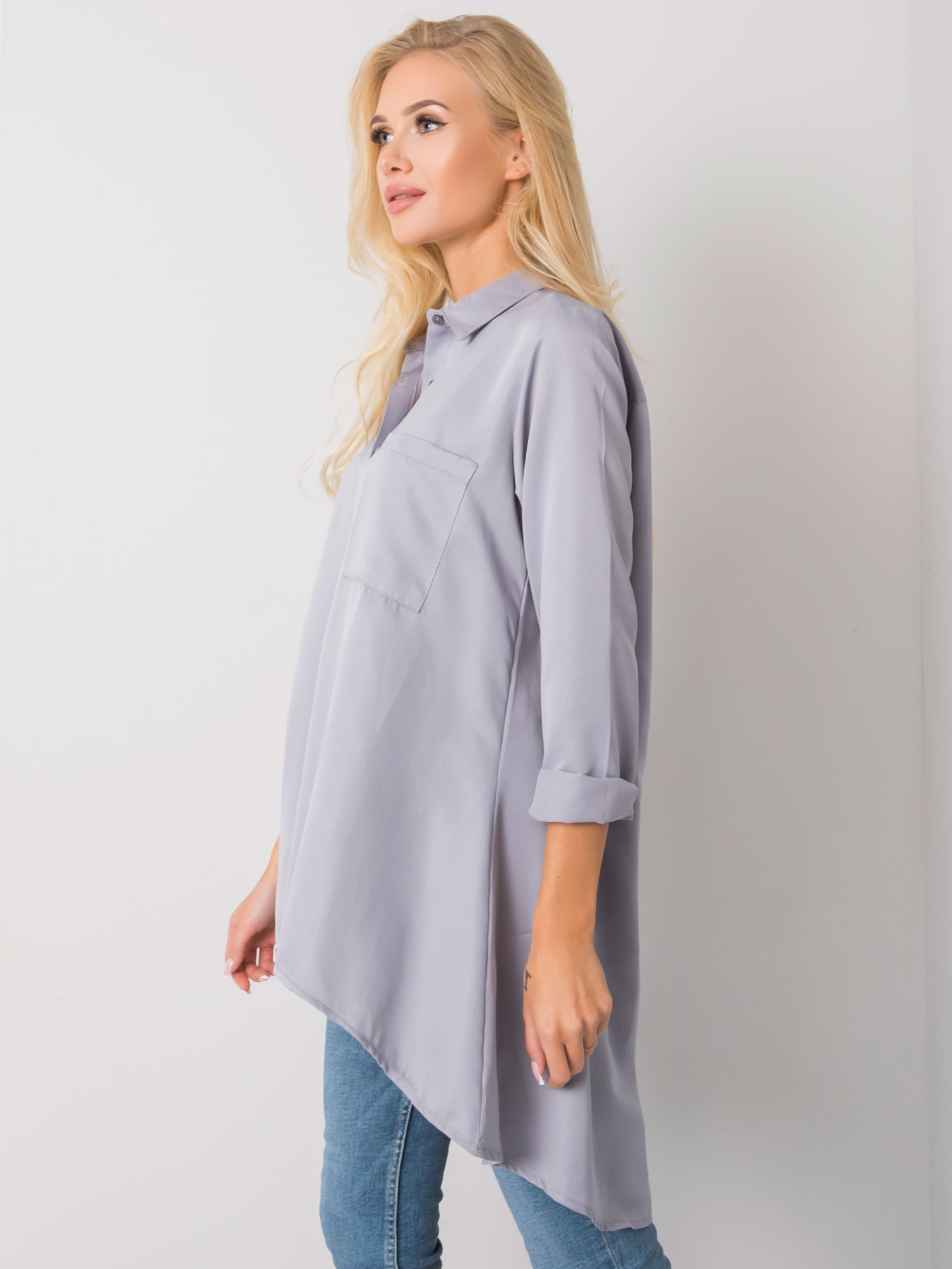 Gillian's grey asymmetrical shirt