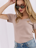 Ciemnobeżowy bawełniany t-shirt w prążek 