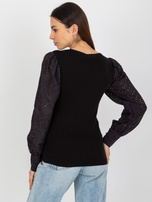 Hurt Czarna prążkowana bluzka wizytowa z ażurowymi rękawami OCH BELLA
