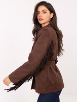 Brązowa zamszowa marynarka z frędzlami RUE PARIS  