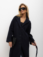 Navy women's coat with a tied belt.
