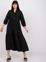 Schwarzes ausgestelltes Kleid mit Rüsche aus Baumwolle RUE PARIS.