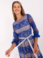 Hurt Kobaltowa midi sukienka koktajlowa z koronką i paskiem