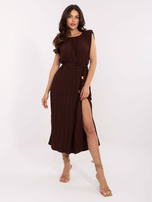 Dark brown midi dress with pleats.