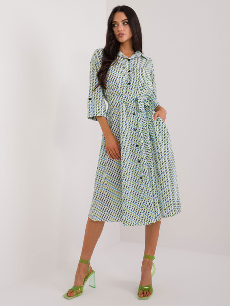 Hurtownia Biało-zielona midi sukienka szmizjerka z printem